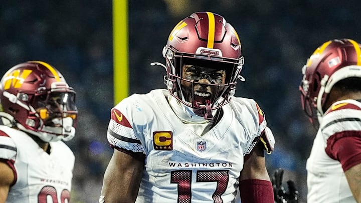 Washington Commanders wide receiver Terry McLaurin (17) celebrates a first down against Detroit Lions during the second half of the NFC divisional round at Ford Field in Detroit on Saturday, Jan. 18, 2025.