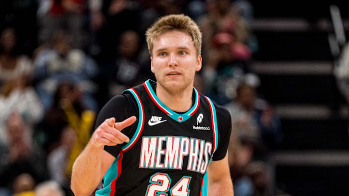 Dec 12, 2025; Memphis, Tennessee, USA; Memphis Grizzlies guard Cam Spencer (24) gestures after making a three-pointer in the second half at FedExForum. Mandatory Credit: Matthew Smith-Imagn Images
