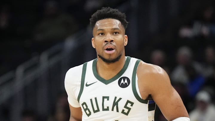 Mar 10, 2026; Milwaukee, Wisconsin, USA;  Milwaukee Bucks forward Giannis Antetokounmpo (34) during the game against the Phoenix Suns at Fiserv Forum. Mandatory Credit: Jeff Hanisch-Imagn Images