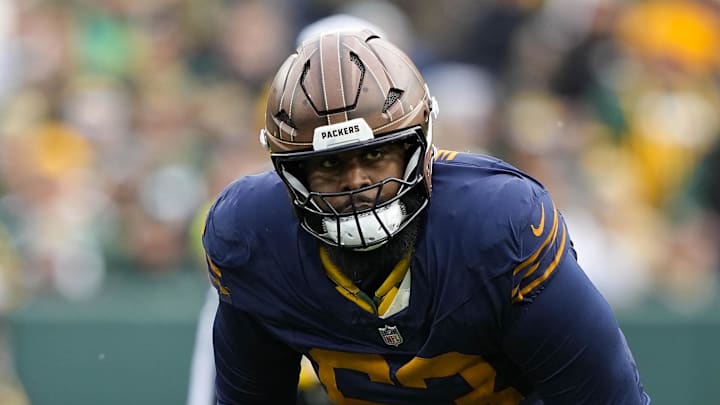 Nov 2, 2025; Green Bay, Wisconsin, USA;  Green Bay Packers offensive tackle Rasheed Walker (63) during the game against the Carolina Panthers at Lambeau Field. Mandatory Credit: Jeff Hanisch-Imagn Images