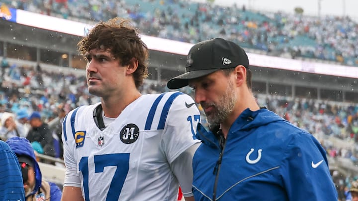Indianapolis Colts quarterback Daniel Jones leaves the field