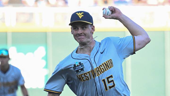 Jun 14, 2026; Omaha, NE, USA;  West Virginia Mountaineers starting pitcher Maxx Yehl (15) throws against the North Carolina Tar Heels during the sixth inning at Charles Schwab Field. Mandatory Credit: Steven Branscombe-Imagn Images