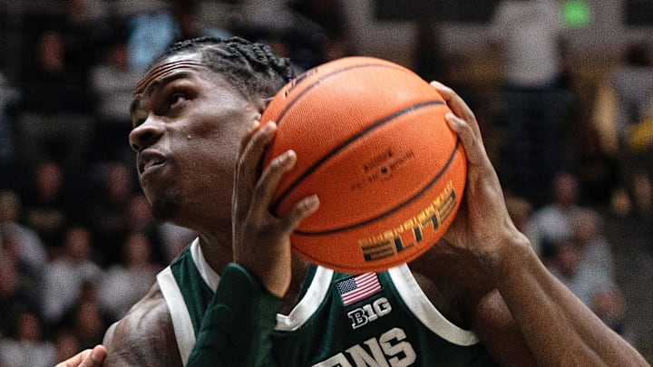 Feb 26, 2026; West Lafayette, Indiana, USA; Michigan State Spartans forward Coen Carr (55) looks to shoot the ball during the first half of a game against the Purdue Boilermakers at Mackey Arena.