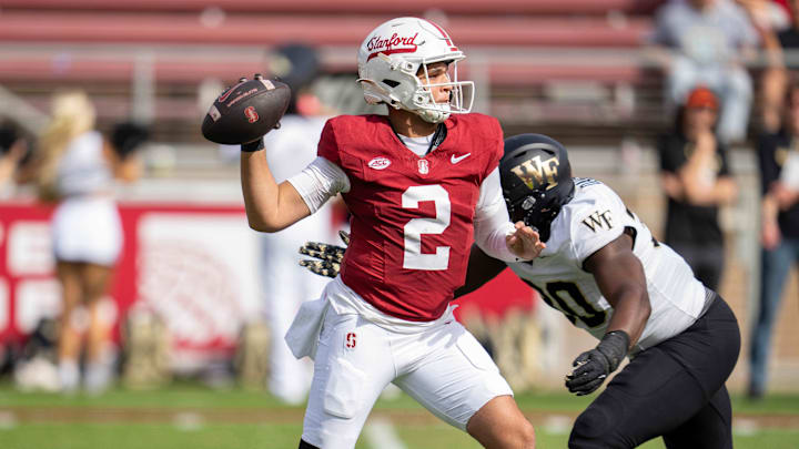 Oct 26, 2024; Stanford, California, USA; Stanford Cardinal quarterback Elijah Brown (2) passes the football against the Wake Forest Demon Deacons during the first quarter at Stanford Stadium. Mandatory Credit: Neville E. Guard-Imagn Images Oct 26, 2024; Stanford, California, USA; Stanford Cardinal quarterback Elijah Brown (2) passes the football against the Wake Forest Demon Deacons during the first quarter at Stanford Stadium. Mandatory Credit: Neville E. Guard-Imagn Images