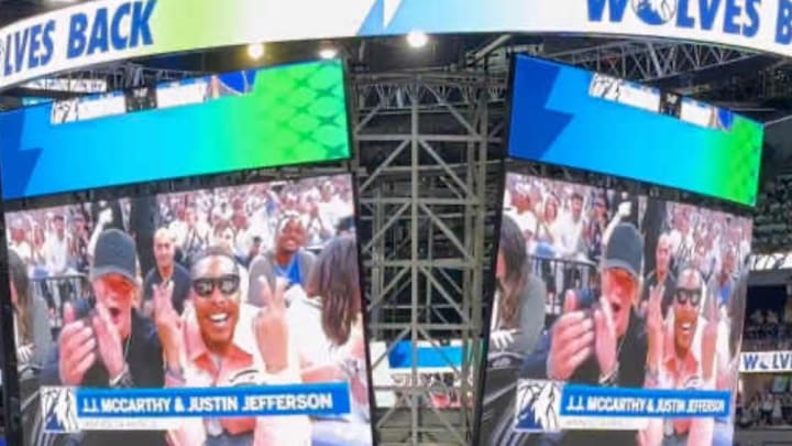 JJ McCarthy and Justin Jefferson courtside for Timberwolves playoff win
