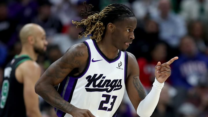 Jan 1, 2026; Sacramento, California, USA; Sacramento Kings guard Keon Ellis (23) reacts after making a three-point basket against the Boston Celtics during the second quarter at Golden 1 Center.
