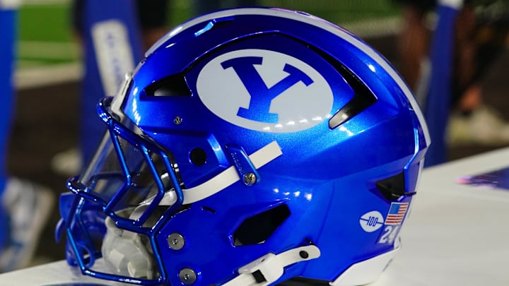 Sep 14, 2024; Laramie, Wyoming, USA; A general view of the Brigham Young Cougars helmet against the Wyoming Cowboys during the second quarter at Jonah Field at War Memorial Stadium. Sep 14, 2024; Laramie, Wyoming, USA; A general view of the Brigham Young Cougars helmet against the Wyoming Cowboys during the second quarter at Jonah Field at War Memorial Stadium.