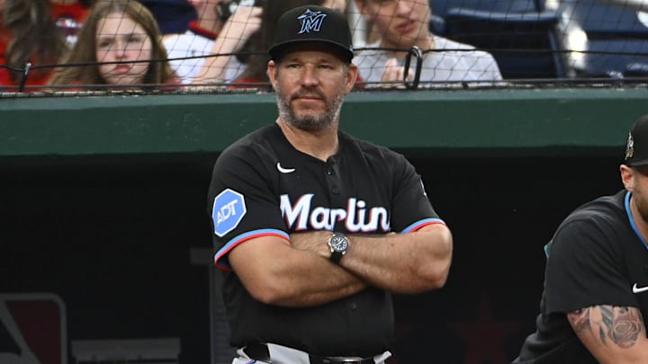 Jun 13, 2025; Washington, District of Columbia, USA; Miami Marlins manager Clayton McCullough (86) looks on against the Washington Nationals during the second inning at Nationals Park. Mandatory Credit: Brad Mills-Imagn Images Jun 13, 2025; Washington, District of Columbia, USA; Miami Marlins manager Clayton McCullough (86) looks on against the Washington Nationals during the second inning at Nationals Park. Mandatory Credit: Brad Mills-Imagn Images