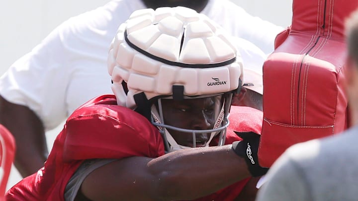 South Carolina football defensive lineman Monkell Goodwine practicing when he was with the Alabama Crimson Tide