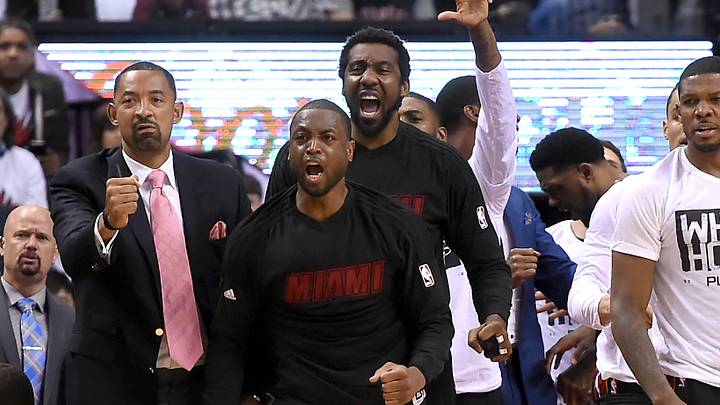 May 3, 2016; Toronto, Ontario, CAN;  Miami Heat players and bench staff react to a three point shot and foul by guard Goran Dragic (not pictured) in game one of the second round of the NBA Playoffs at Air Canada Centre. Mandatory Credit: Dan Hamilton-USA TODAY Sports