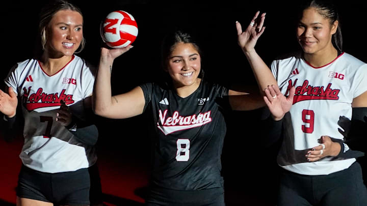 Oct 21, 2023; Lincoln, NE, USA;Nebraska Cornhuskers libero Lexi Rodriguez (8) before the match against the Wisconsin Badgers at the Bob Devaney Sports Center.
