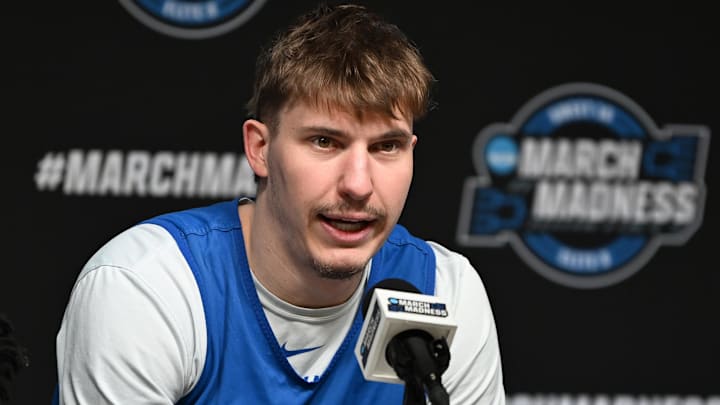 Mar 28, 2024; Detroit, MN, USA; Creighton Bluejays guard Baylor Scheierman (55) speaks with the media during NCAA Tournament Midwest Regional-Practice at Little Caesars Arena. Mandatory Credit: Lon Horwedel-Imagn Images