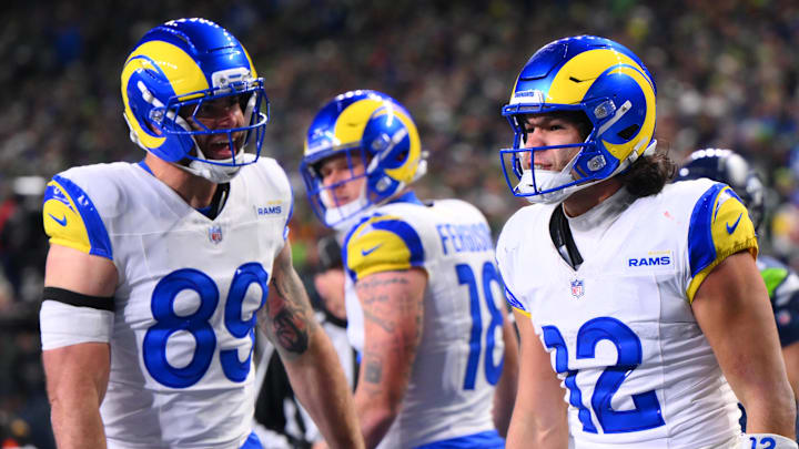 Jan 25, 2026; Seattle, WA, USA; Los Angeles Rams wide receiver Puka Nacua (12) celebrates after scoring a touchdown against the Seattle Seahawks during the second half in the 2026 NFC Championship Game at Lumen Field. Mandatory Credit: Steven Bisig-Imagn Images