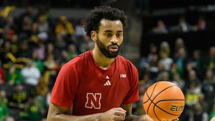 Feb 2, 2025; Eugene, Oregon, USA; Nebraska Cornhuskers guard Brice Williams (3) shoots free throws during the second half against the Oregon Ducks at Matthew Knight Arena.