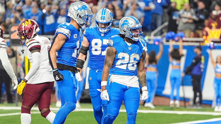 Detroit Lions running back Jahmyr Gibbs (26) celebrates a touchdown against Washington Commanders 