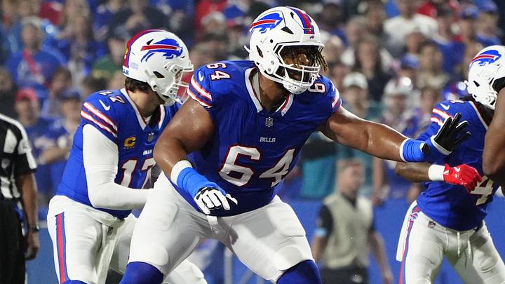 Buffalo Bills guard O'Cyrus Torrence looks to block Jacksonville Jaguars defensive tackle Jeremiah Ledbetter. Buffalo Bills guard O'Cyrus Torrence looks to block Jacksonville Jaguars defensive tackle Jeremiah Ledbetter.