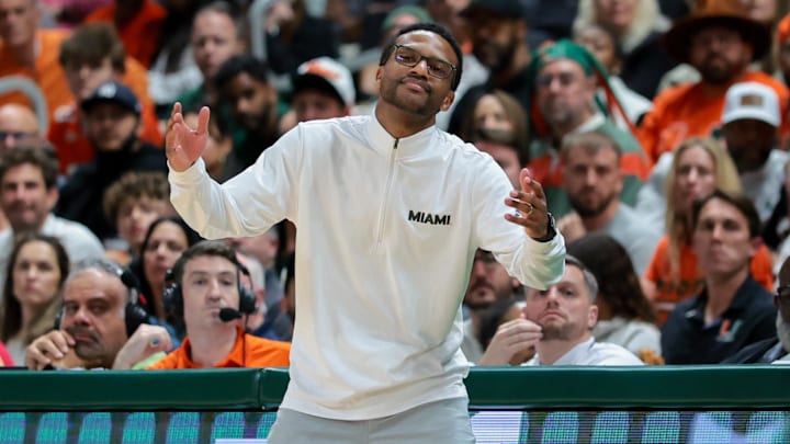 Feb 10, 2026; Coral Gables, Florida, USA; Miami Hurricanes head coach Jai Lucas reacts on the sideline against the North Carolina Tar Heels during the second half at Watsco Center. Mandatory Credit: Sam Navarro-Imagn Images