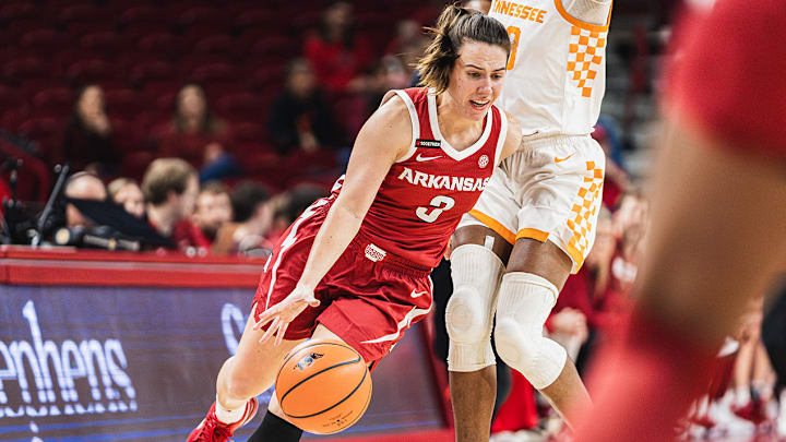 Izzy Higginbottom (3) drives to the basket against the Tennessee Volunteers. The Volunteers won 93-63. Izzy Higginbottom (3) drives to the basket against the Tennessee Volunteers. The Volunteers won 93-63.