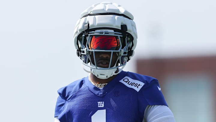 Jul 24, 2025; East Rutherford, NJ, USA; A detailed view of the helmet eye shield worn by New York Giants wide receiver Malik Nabers (1) during training camp at Quest Diagnostics Training Center. Mandatory Credit: Vincent Carchietta-Imagn Images