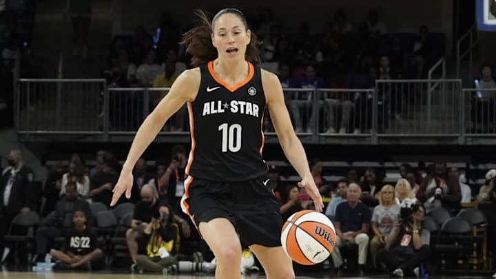 Jul 10, 2022; Chicago, Ill, USA; Team Stewart guard Sue Bird (10) during the first half of the WNBA All Star Game at Wintrust Arena. Mandatory Credit: David Banks-Imagn Images