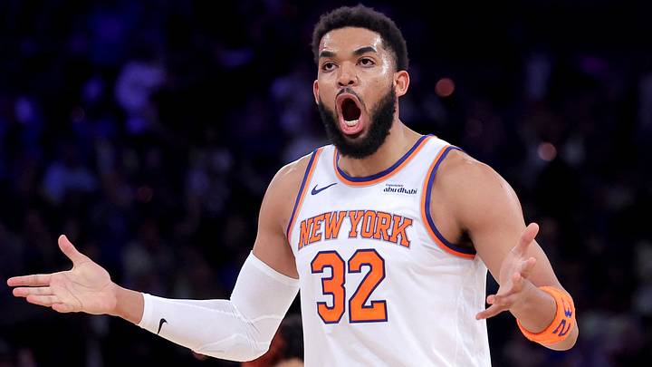 May 4, 2026; New York, New York, USA; New York Knicks center Karl-Anthony Towns (32) reacts during the second quarter of game one of the eastern conference semifinal round of the 2026 NBA Playoffs against the Philadelphia 76ers at Madison Square Garden. Mandatory Credit: Brad Penner-Imagn Images