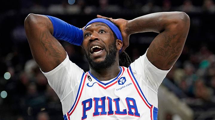Feb 3, 2023; San Antonio, Texas, USA; Philadelphia 76ers center Montrezl Harrell (5) reacts after being called for a foul during the first half against the San Antonio Spurs at AT&T Center. Mandatory Credit: Scott Wachter-USA TODAY Sports Feb 3, 2023; San Antonio, Texas, USA; Philadelphia 76ers center Montrezl Harrell (5) reacts after being called for a foul during the first half against the San Antonio Spurs at AT&T Center. Mandatory Credit: Scott Wachter-USA TODAY Sports