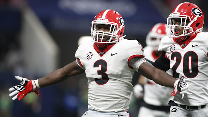 Dec 2, 2017; Atlanta, GA, USA; Georgia Bulldogs linebacker Roquan Smith (3) celebrates with teammates after recovering a fumble against the Auburn Tigers during the fourth quarter of the SEC Championship game at Mercedes-Benz Stadium. Mandatory Credit: Brett Davis-Imagn Images