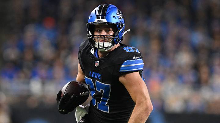 Detroit Lions tight end Sam LaPorta (87) runs upfield after catching a pass against the Seattle Seahawks in the second quarter at Ford Field.