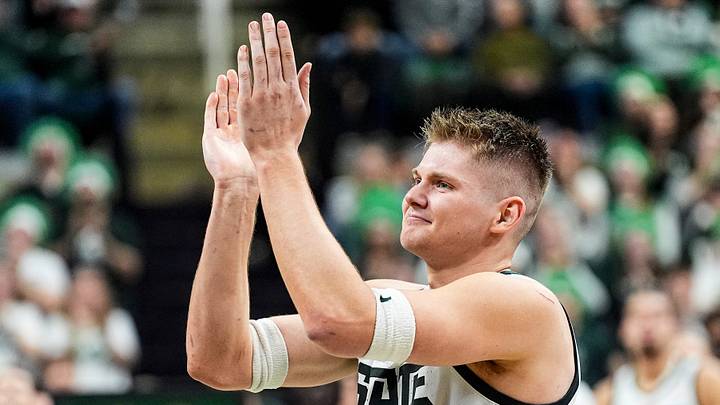 Michigan State forward Jaxon Kohler (0) waves at fans during senior day celebration after the game between Michigan State and Rutgers at Breslin Center in East Lansing on Thursday, March 5, 2026. Michigan State forward Jaxon Kohler (0) waves at fans during senior day celebration after the game between Michigan State and Rutgers at Breslin Center in East Lansing on Thursday, March 5, 2026.