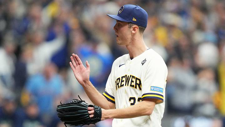 Oct 23, 2026; Milwaukee, Wisconsin, USA;  Milwaukee Brewers pitcher Jacob Misiorowski (32) reacts after pitching against the Tampa Bay Rays during the first inning in game one of the 2026 World Series at American Family Field.  Mandatory Credit: Michael McLoone-Imagn Images