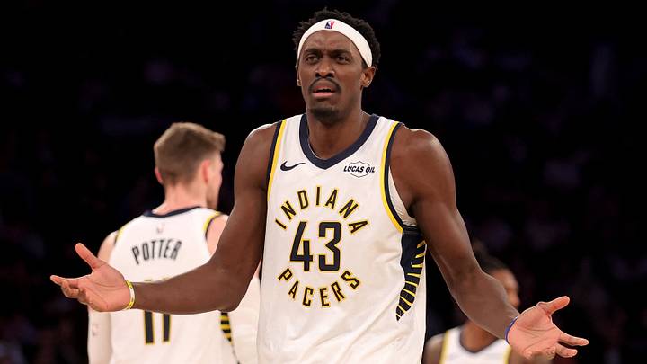 Feb 10, 2026; New York, New York, USA; Indiana Pacers forward Pascal Siakam (43) reacts during overtime against the New York Knicks at Madison Square Garden. Mandatory Credit: Brad Penner-Imagn Images