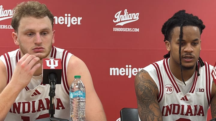 Indiana basketball fifth-year senior forward Tucker DeVries and sixth-year senior guard Lamar Wilkerson speak to reporters March 1, 2026, after losing to Michigan State at Simon Skjodt Assembly Hall in Bloomington. Indiana basketball fifth-year senior forward Tucker DeVries and sixth-year senior guard Lamar Wilkerson speak to reporters March 1, 2026, after losing to Michigan State at Simon Skjodt Assembly Hall in Bloomington.