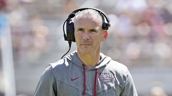 Sep 14, 2024; Tallahassee, Florida, USA; Florida State Seminoles head coach Mike Norvell looks on during the first half against the Memphis Tigers at Doak S. Campbell Stadium. Mandatory Credit: Melina Myers-Imagn Images