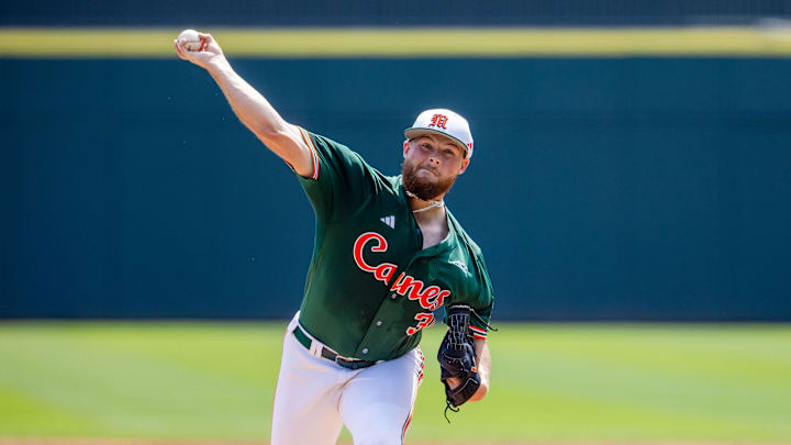 May 23, 2024; Charlotte, NC, USA; Miami (Fl) Hurricanes pitcher Gage Ziehl (31) during the first inning against the Clemson Tigers during the ACC Baseball Tournament at Truist Field. Mandatory Credit: Scott Kinser-Imagn Images