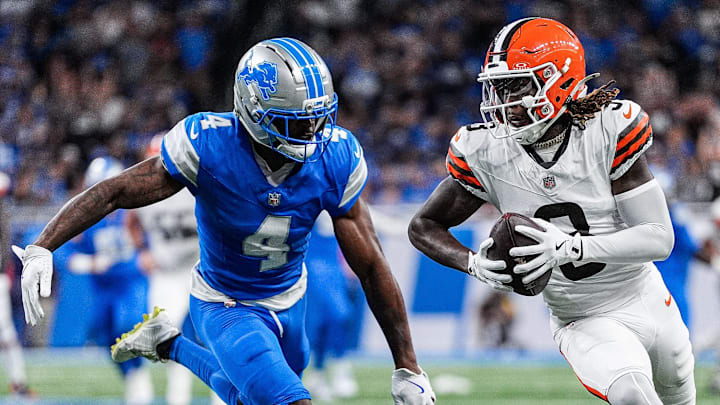 Cleveland Browns wide receiver Jerry Jeudy (3) makes a catch against Detroit Lions cornerback D.J. Reed (4) 
