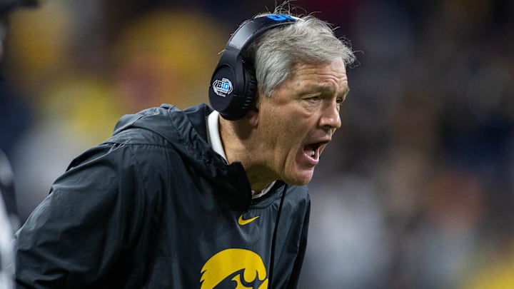 Dec 4, 2021; Indianapolis, IN, USA; Iowa Hawkeyes head coach Kirk Ferentz in the second quarter against the Michigan Wolverines  at Lucas Oil Stadium. Mandatory Credit: Trevor Ruszkowski-Imagn Images