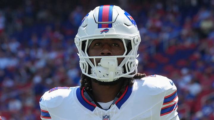 Aug 15, 2026; Orchard Park, New York, USA; Buffalo Bills running back James Cook III (4) prior to the game between the Carolina Panthers and Buffalo Bills at New Highmark Stadium. Mandatory Credit: Gregory Fisher-Imagn Images