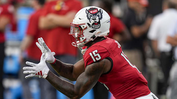Sep 7, 2024; Charlotte, North Carolina, USA;  North Carolina State Wolfpack tight end Justin Joly (15) during pregame activities against the Tennessee Volunteers at the Dukes Mayo Classic at Bank of America Stadium. Mandatory Credit: Jim Dedmon-Imagn Images