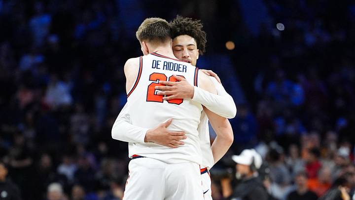 Mar 20, 2026; Philadelphia, PA, USA; Virginia Cavaliers guard Sam Lewis (5) and Virginia Cavaliers forward Thijs de Ridder (28) celebrate after the game against the Wright State Raiders during a first round game of the men's 2026 NCAA Tournament at Xfinity Mobile Arena. Mandatory Credit: Kyle Ross-Imagn Images Mar 20, 2026; Philadelphia, PA, USA; Virginia Cavaliers guard Sam Lewis (5) and Virginia Cavaliers forward Thijs de Ridder (28) celebrate after the game against the Wright State Raiders during a first round game of the men's 2026 NCAA Tournament at Xfinity Mobile Arena. Mandatory Credit: Kyle Ross-Imagn Images