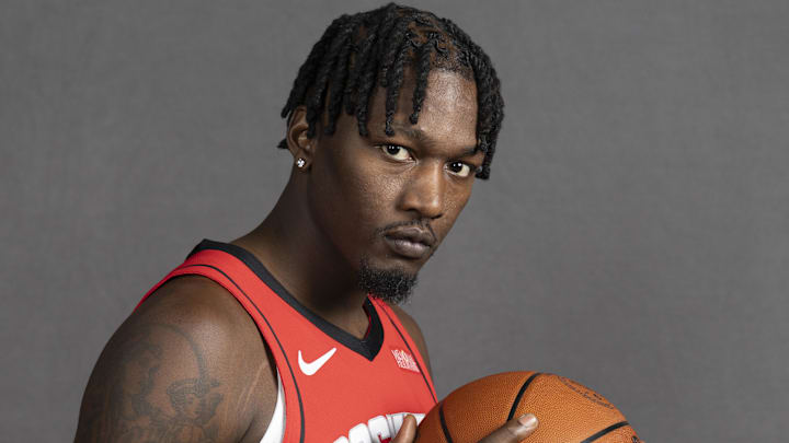 Sep 29, 2025; Houston, TX, USA;  Houston Rockets forward Dorian Finney-Smith (2) poses for a picture during Houston Rockets media day at Toyota Center. Mandatory Credit: Troy Taormina-Imagn Images