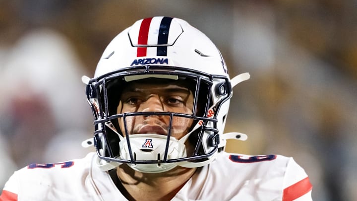 Nov 28, 2025; Tempe, Arizona, USA; Arizona Wildcats linebacker Taye Brown (6) against the Arizona State Sun Devils during the 99th Territorial Cup at Mountain America Stadium. Mandatory Credit: Mark J. Rebilas-Imagn Images