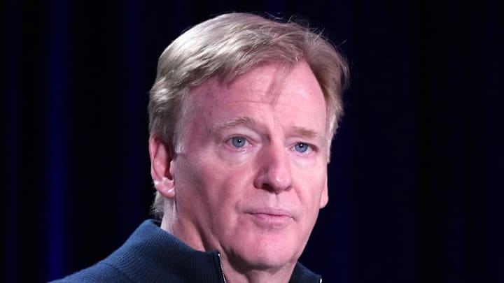 Feb 9, 2026; San Francisco, CA, USA; NFL commissioner Roger Goodell speaks at the Super Bowl LX host committee handoff press conference at Moscone Center. Mandatory Credit: Kirby Lee-Imagn Images
