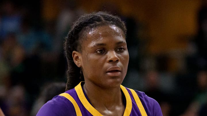 Nov 17, 2025; New Orleans, Louisiana, USA; LSU Tigers guard Milaysia Fulwiley (23)) reacts after a free throw with LSU Tigers guard Zakiyah Johnson (11) against the Tulane Green Wave during the second half at Avron B. Fogelman Arena in Devlin Fieldhouse. Mandatory Credit: Matthew Hinton-Imagn Images