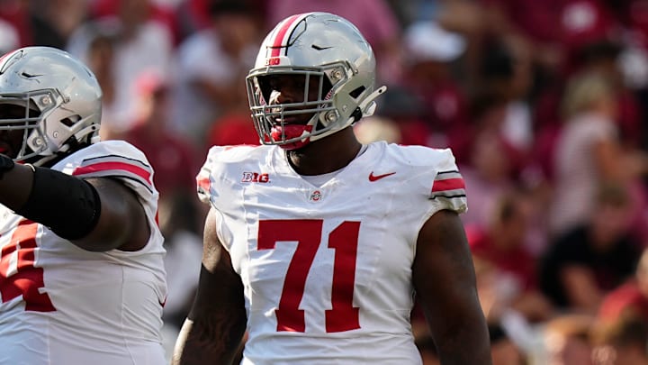 Sep 2, 2023; Bloomington, Indiana, USA; Ohio State Buckeyes offensive lineman Josh Simmons (71) lines up beside offensive lineman Donovan Jackson (74) during the NCAA football game at Indiana University Memorial Stadium. Ohio State won 23-3.