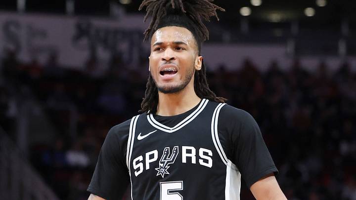 Feb 26, 2025; Houston, Texas, USA; San Antonio Spurs guard Stephon Castle (5) reacts after a play during the second quarter against the Houston Rockets at Toyota Center. Mandatory Credit: Troy Taormina-Imagn Images Feb 26, 2025; Houston, Texas, USA; San Antonio Spurs guard Stephon Castle (5) reacts after a play during the second quarter against the Houston Rockets at Toyota Center. Mandatory Credit: Troy Taormina-Imagn Images