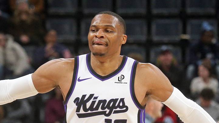 Feb 23, 2026; Memphis, Tennessee, USA; Sacramento Kings guard Russell Westbrook (18) reacts with head coach Doug Christie during a timeout during the fourth quarter against the Memphis Grizzlies at FedExForum. Mandatory Credit: Petre Thomas-Imagn Images