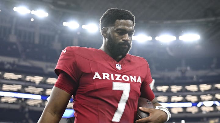Nov 3, 2025; Arlington, Texas, USA; Arizona Cardinals quarterback Jacoby Brissett (7) leaves the field after defeating the Dallas Cowboys at AT&T Stadium. Mandatory Credit: Jerome Miron-Imagn Images