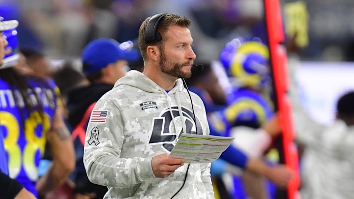 Nov 11, 2024; Inglewood, California, USA; Los Angeles Rams head coach Sean McVay watches game action against the Miami Dolphins during the first half at SoFi Stadium. Mandatory Credit: Gary A. Vasquez-Imagn Images