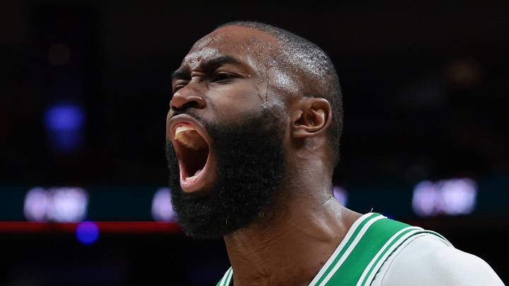 Apr 1, 2026; Miami, Florida, USA; Boston Celtics guard Jaylen Brown (7) reacts against the Miami Heat during the third quarter at Kaseya Center. Mandatory Credit: Sam Navarro-Imagn Images