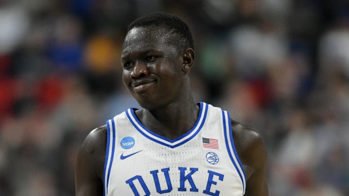 Mar 21, 2025; Raleigh, NC, USA; Duke Blue Devils center Khaman Maluach (9) celebrates during the first half against the Mount St. Mary's Mountaineers in the first round of the NCAA Tournament at Lenovo Center. Mandatory Credit: Zachary Taft-Imagn Images